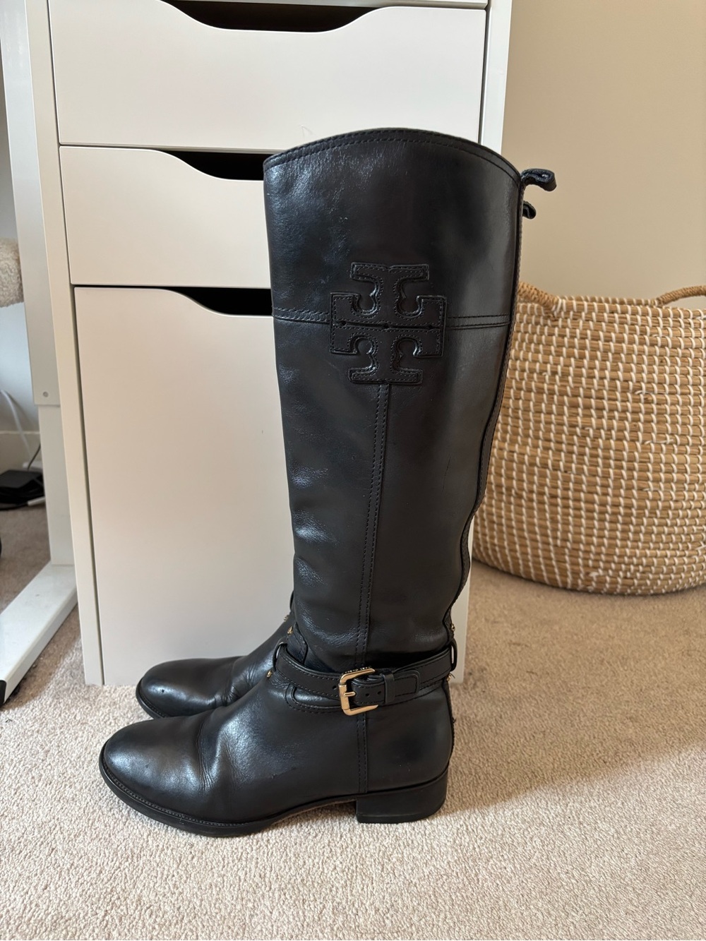 Tory Burch Black Leather Logo Riding Boots Size 8